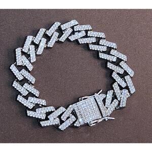 Heavy Iced-Out Geometric Stainless Steel &CZ Silver Men's Bracelet 8 in